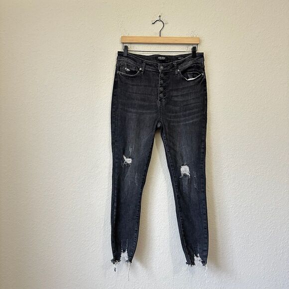 JUDY BLUE Skinny Fit Jeans Black Denim Distressed Frayed Grunge - Picture 1 of 13